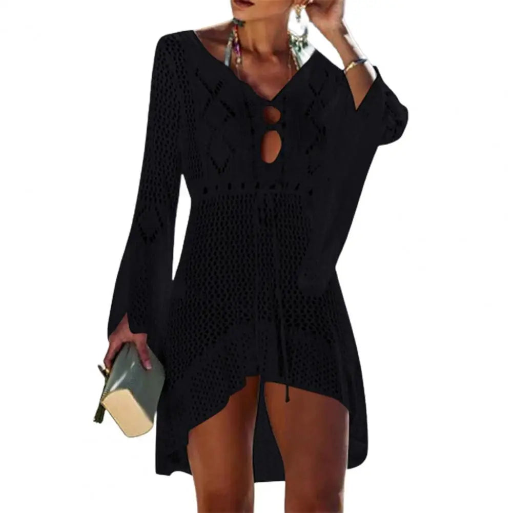 Summer Women Bikini Cover Up Hollow Out Knitted Flared Sleeves Swimwear Cover Up Solid Color Drawstring Beach Dress For Vacation