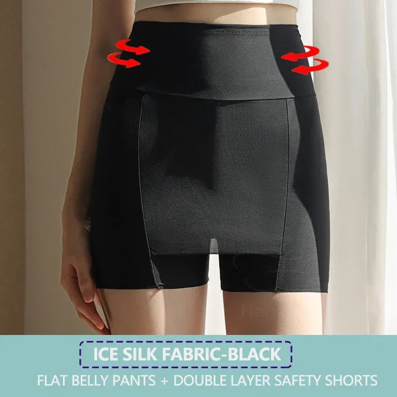 Damen-Shorts mit hohem Bund | Nahtlose Unterwäsche aus Eisseide | Figurformende Unterwäsche mit Bauchkontrolle | Doppellagige Sicherheitshose | Atmungsaktives Material