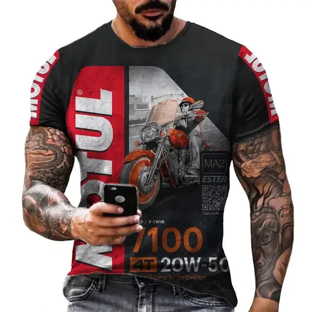 Men's casual T-shirt, white-collar shorts, quick drying summer shirt, breathable, racing motorcycle, 3D printed short top, 2025