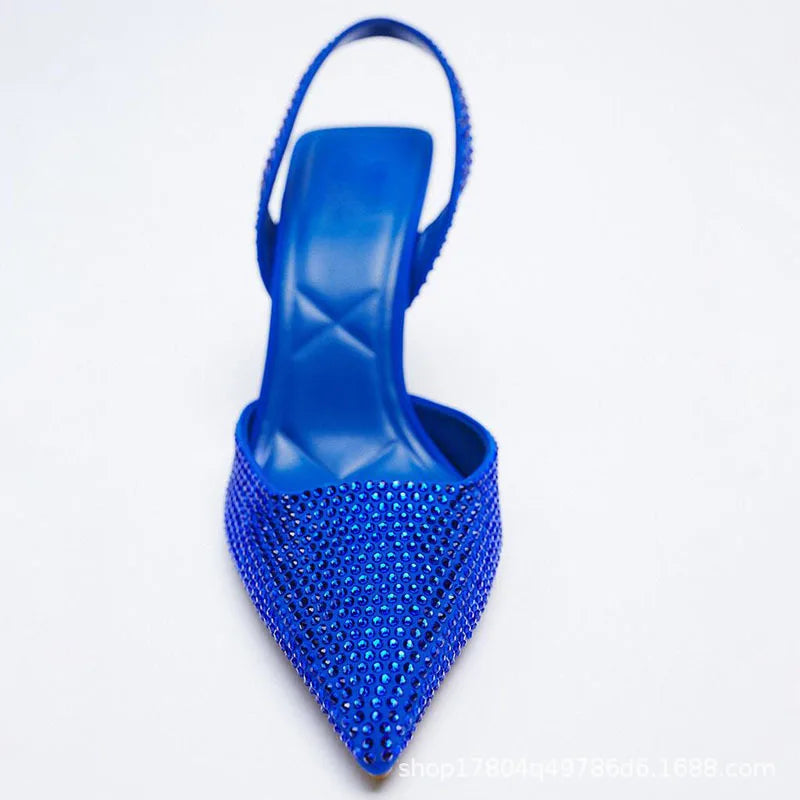 Gold Women Heels Sandals 2023 Summer Crystal Pointed Toe Female Stiletto African Party Rhinestone Shallow Slip On Heel Shoes