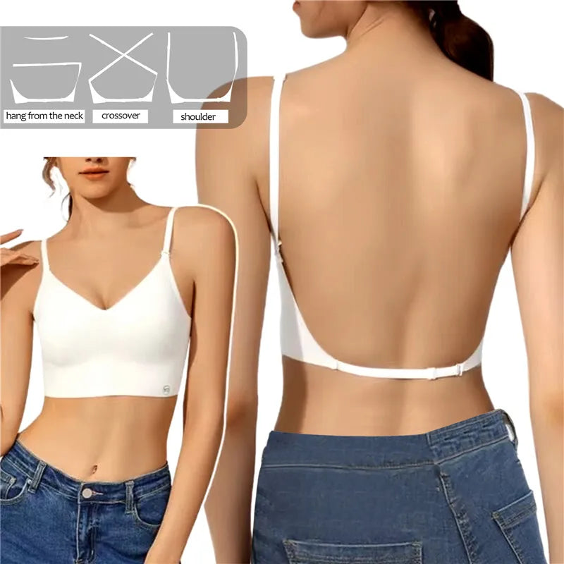 Sexy U-shaped Back Lingerie Female Inner Wear Summer Thin Without Trace Backless Triangle Cup Polymerization Bra