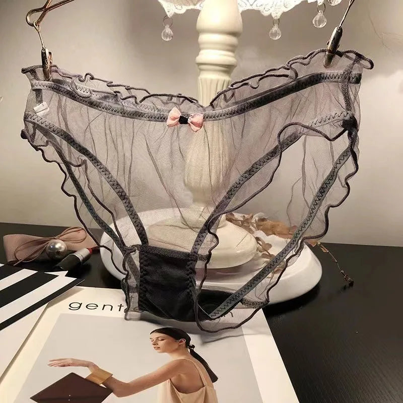 Sexy Women Transparent Panties Pink Bow Cotton Crotch Briefs Female Mesh Breathable Underwear Wave Edged Hollow Out Underpants