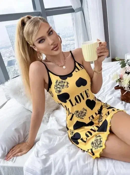Sexy Lingerie Women Summer Nightgowns Sling Nightdress Fashion Printing Dressing Sleepwear Polyester Milk Silk Night Dress Woman
