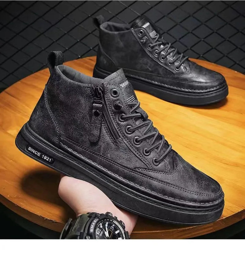 Men's Shoes Fashion High Top Sneakers PU Leather Casual Shoes for Men Platform Boots Retro Zipper Ankle Boots Zapatillas Hombre
