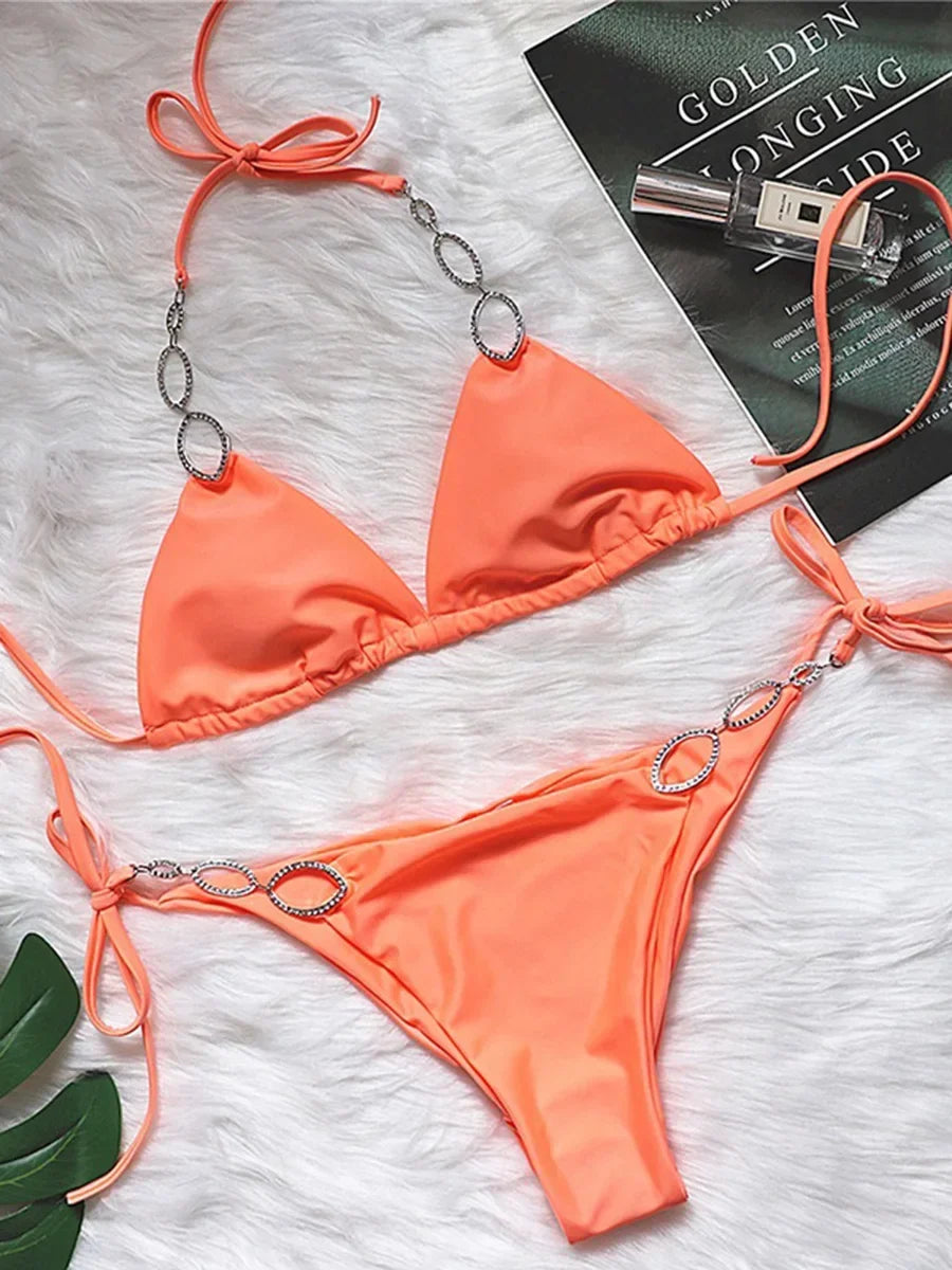 Sexy Halter Diamond Bikini Women Swimsuit Female Metal Chains Swimwear Two Pieces Bikini set Brazilian Bather Bathing Suit Swim