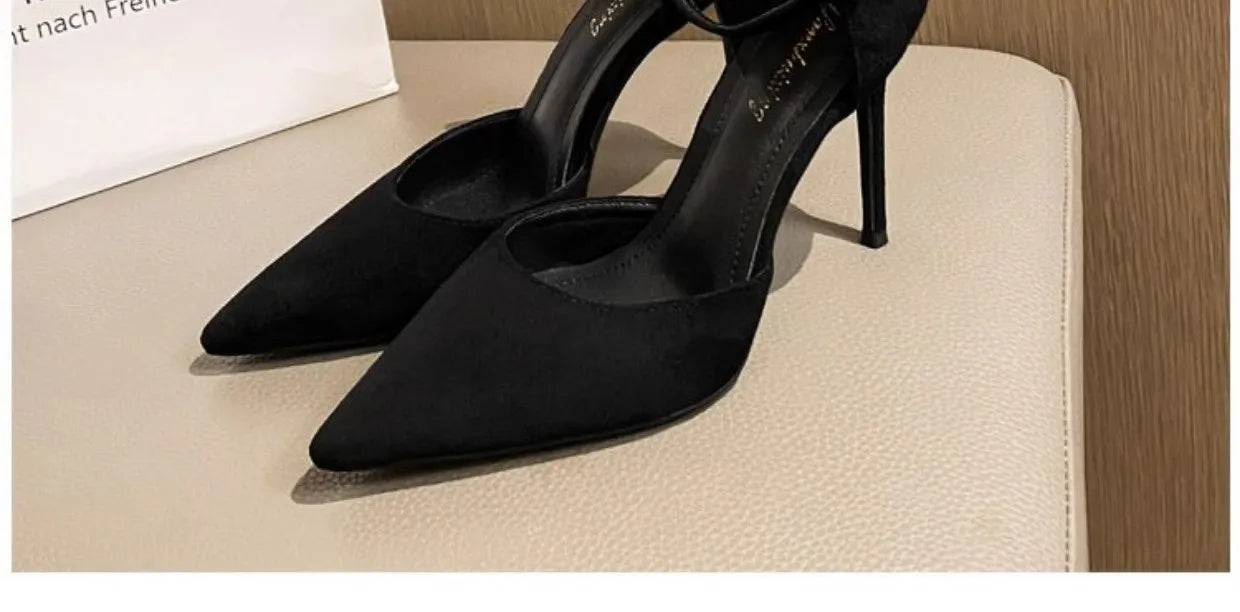 Spring and Autumn High Heel Women 2024 New Versatile Thin Heel Professional L Pointed Black Buckle Strap Single Shoe Women