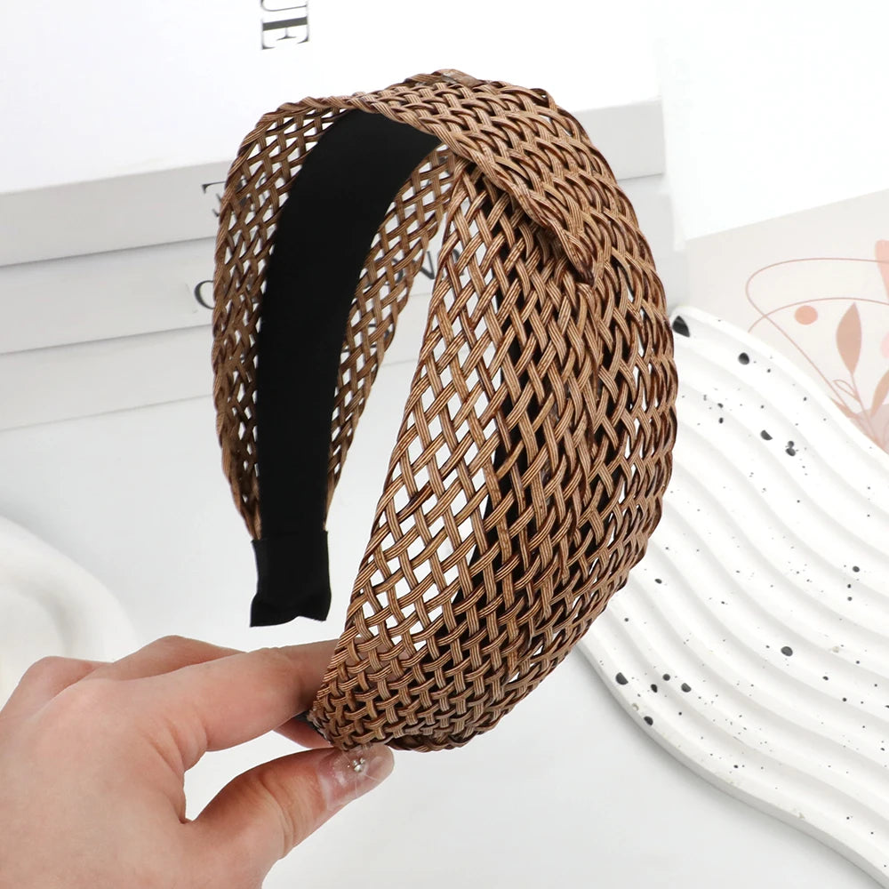 Bohemian Beach Straw Weaving Cross Knotted Headband Women Wide-brimmed Hand-woven Hair Hoop Travel Holiday Headdress Accessories