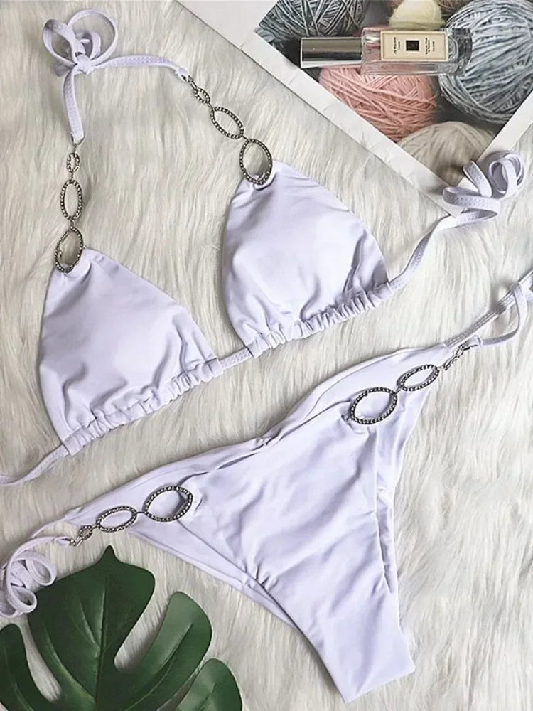 Sexy Halter Diamond Bikini Women Swimsuit Female Metal Chains Swimwear Two Pieces Bikini set Brazilian Bather Bathing Suit Swim