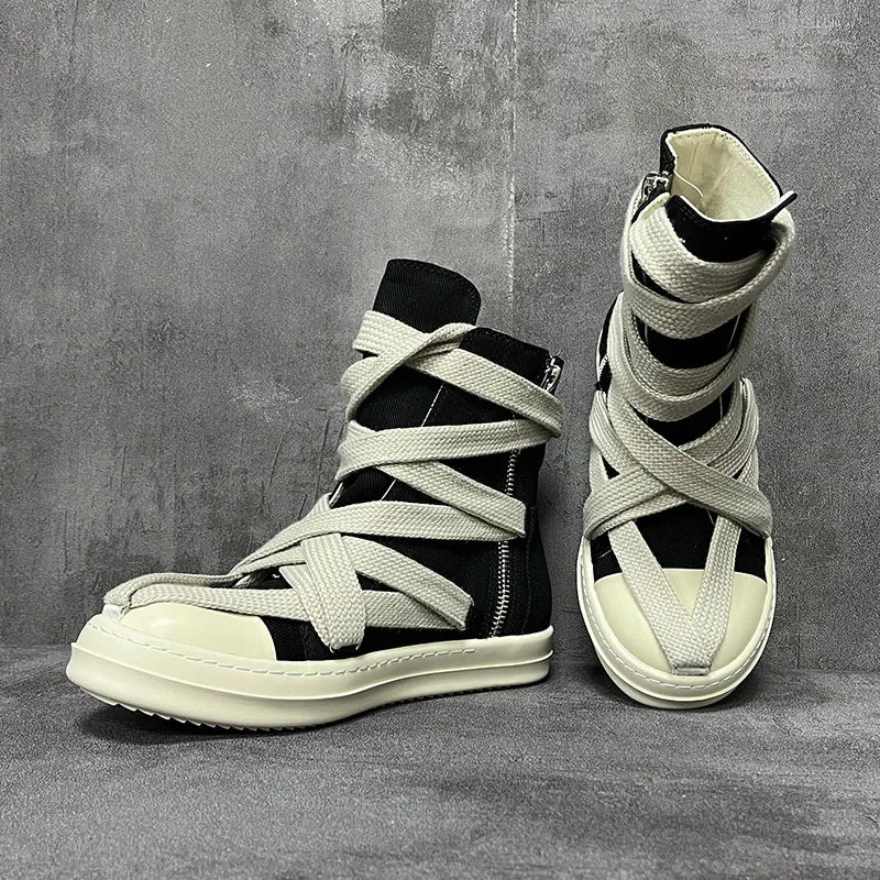 Men Women High-TOP Shoes Casual Canvas Jumbo Lace Up Sneakers Luxury Designer Zip Hip Hop Autumn Flats Black Boots