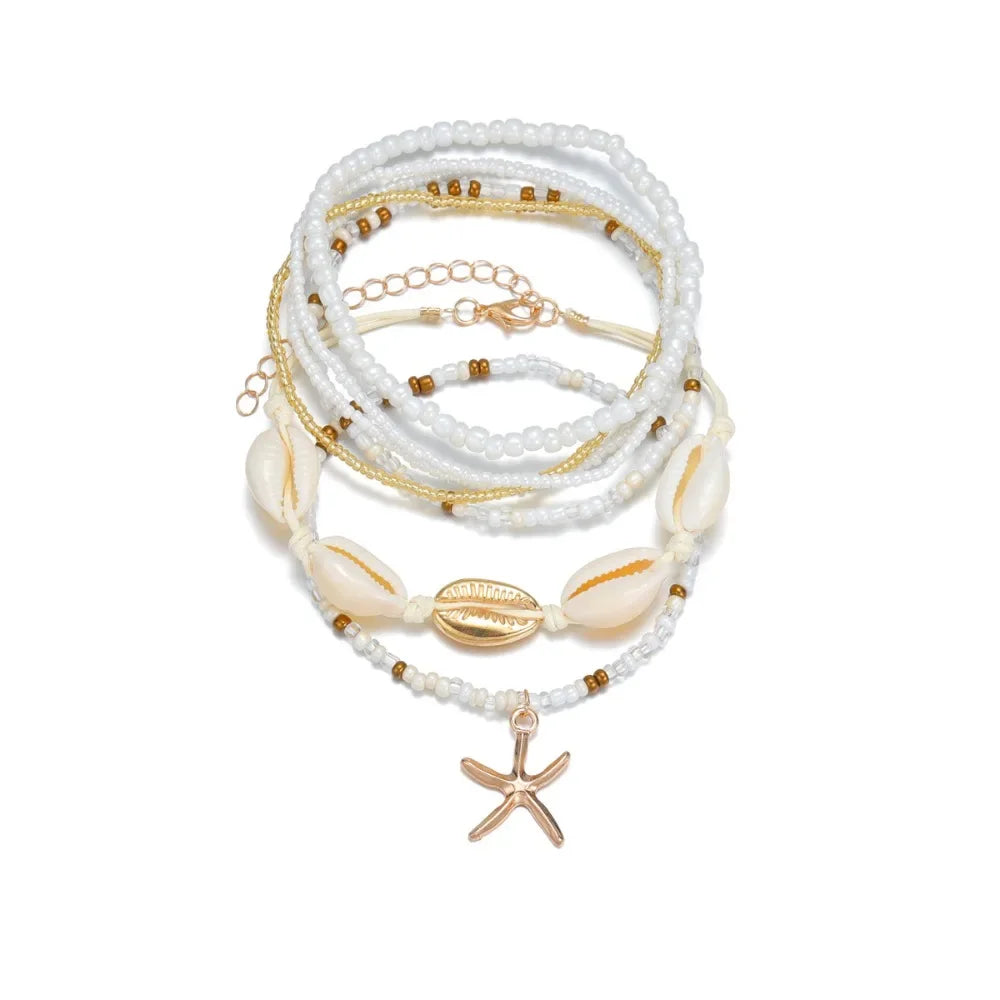 Boho Shell Starfish Anklet Sets for Women Rice Beads Chain Ankle Elastic Rope Beach Summer Foot Accessories Bracelet
