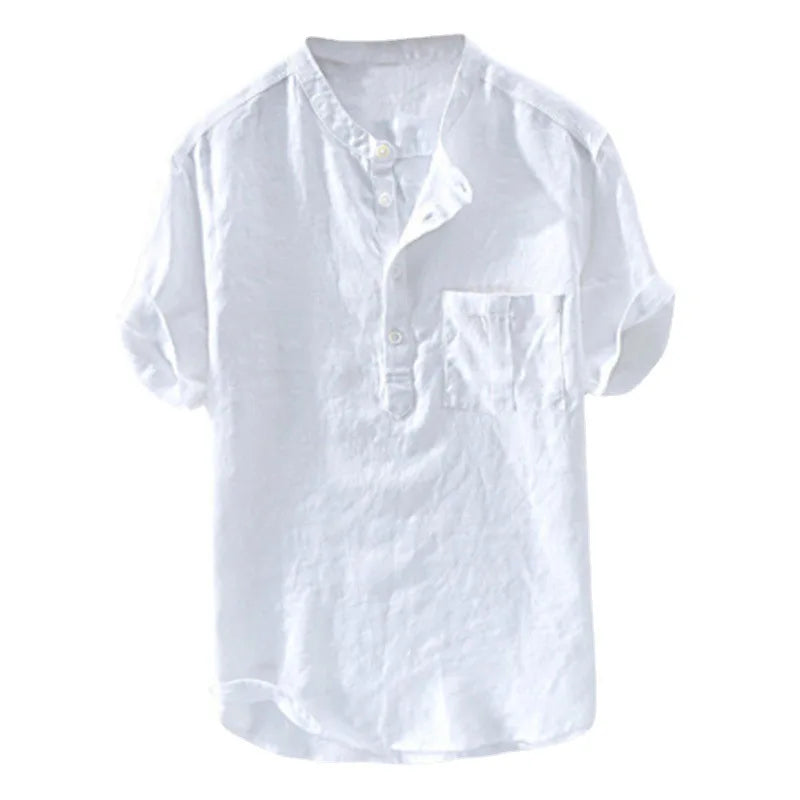 Spring and Summer Men's Cotton Linen Shirts Long Sleeve Casual Beach Henley T-Shirt Vacation Tops with Pocket Men Streetwear