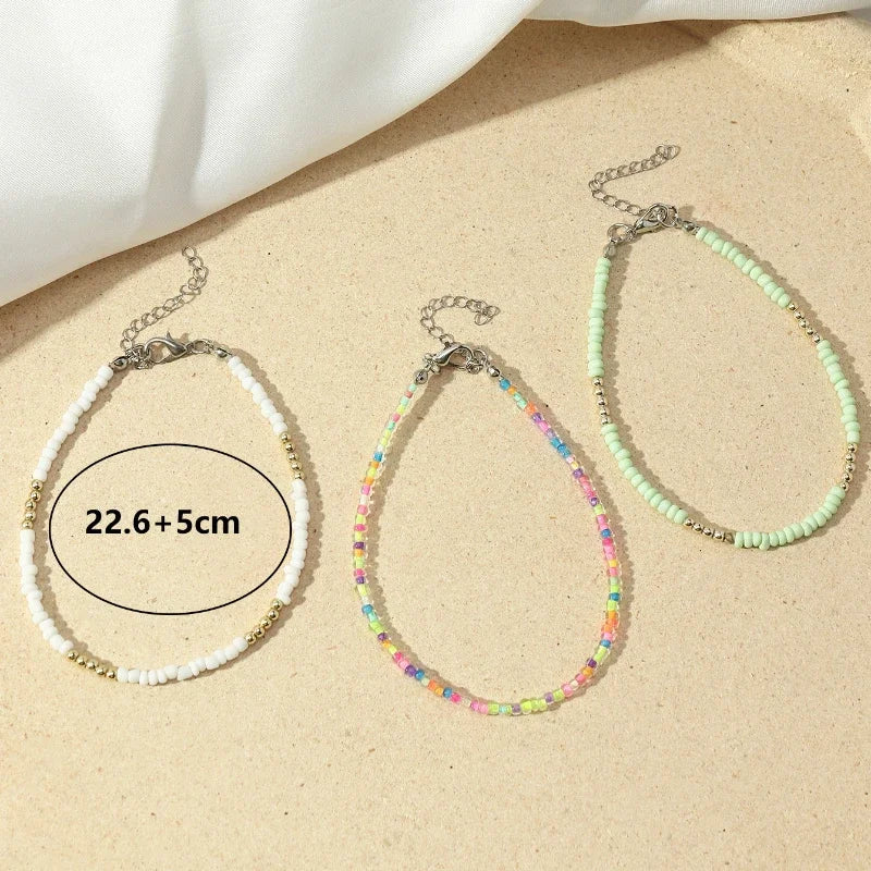 3Pcs/Set Bohemian Colorful Beaded Beads Anklets for Women Summer Ocean Beach Handmade Ankle Bracelet Foot Leg Beach Chain Gift