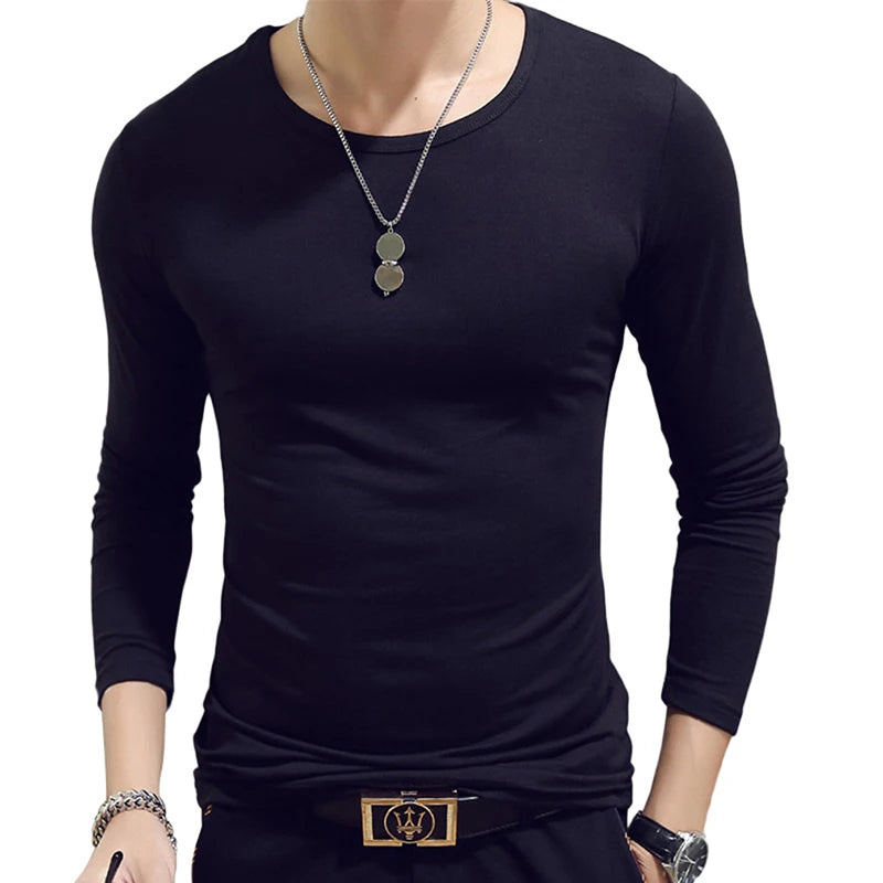 2020 Elastic Mens T-Shirt O-Neck Round Neck Long Sleeve Men T-Shirt For Male Lycra And Cotton T-Shirts Man Clothing