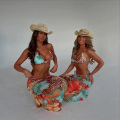 Print Bikini with Skirt Swimsuit Brazilan Bikini Set  Swimwear for Women Halter Shirring 3 Pcs Bathing Suits Summer Female