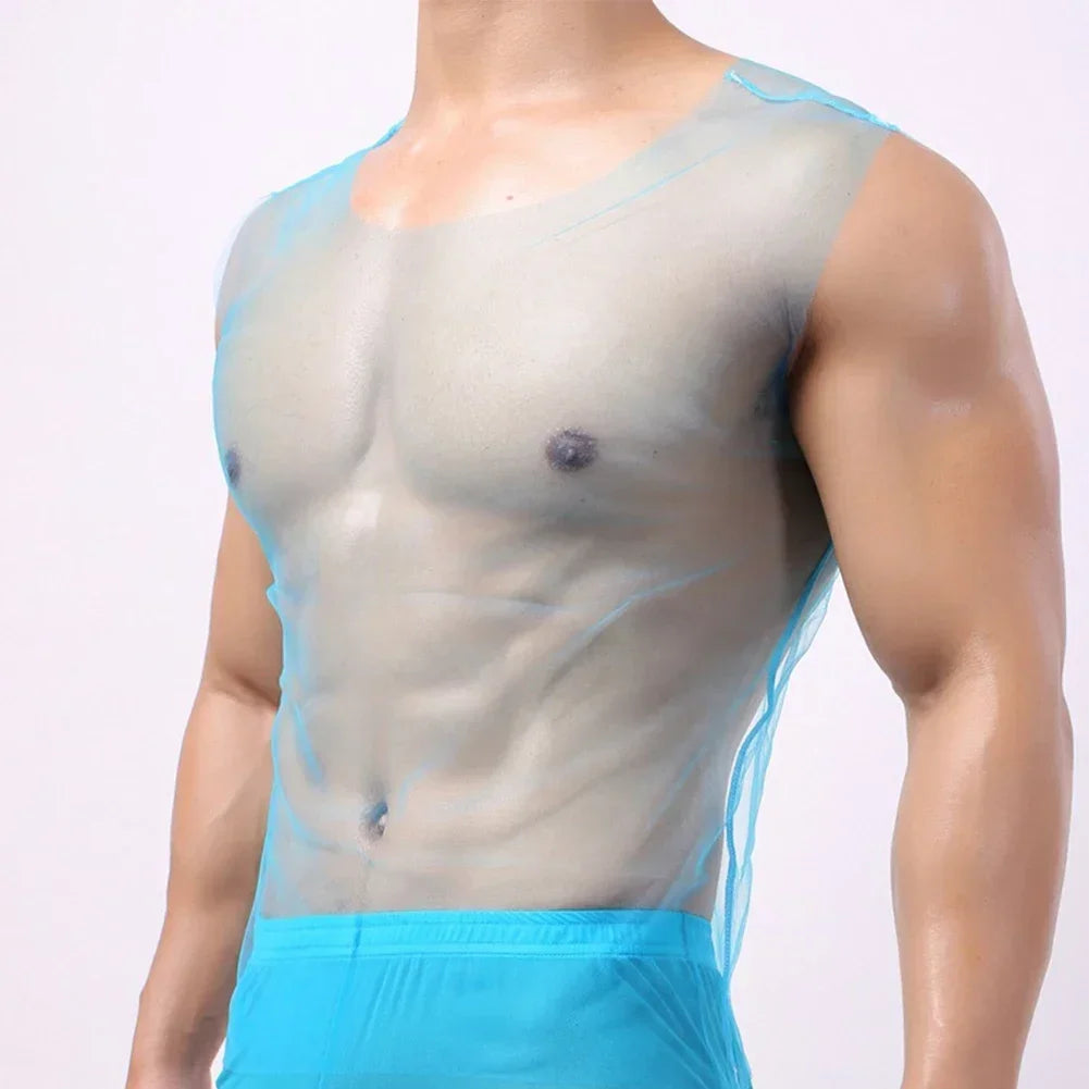 Brand New Men T-Shirt Vest See Through Sleeveless Solid Color T-Shirt Tank Top Breathable Clubwear Gym Mesh Party