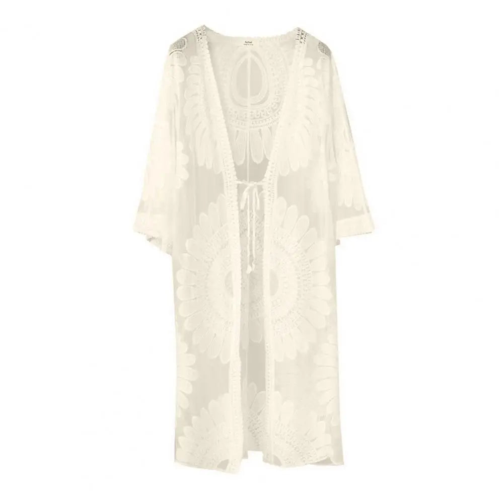 One Size  Sexy Lace Up Summer Beach Cover Up Solid Color Women Beach Dress Flower Embroidery   Women Clothes