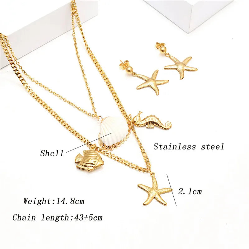 Summer Beach Women Jewelry Double-layer Necklace Earrings Set Accessories Fashion Jewelry Stainless Steel Jewelry Sets