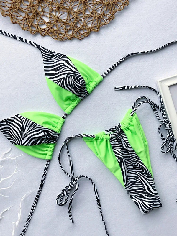 Zebra-Print Neckholder-Mikrobikini 2025 Damen Bandeau-String-Badeanzug Damenbademode Neon Glänzendes Bikini-Set Leoparden-Badeanzug