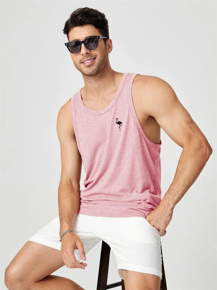 2024 Men's Summer O-neck Vest Breathable Coconut Leaf Print Sports Fitness Vest Quick Dry Hawaiian Sleeveless Vest For Men