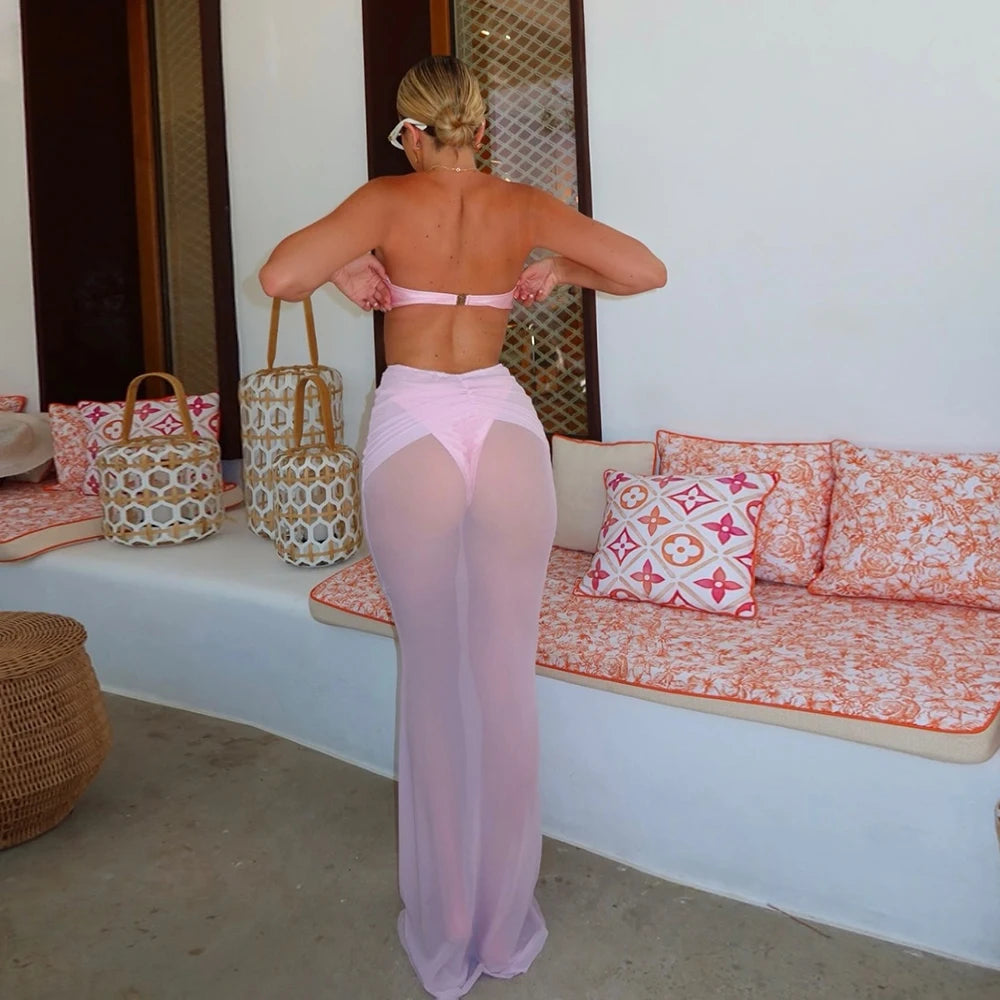 3 Pieces Bikini Set Solid Long Skirt Women Swimwear 2024 Sexy Bikinis Bandeau Beachwear Bodysuit Micro Thong Biquini Female