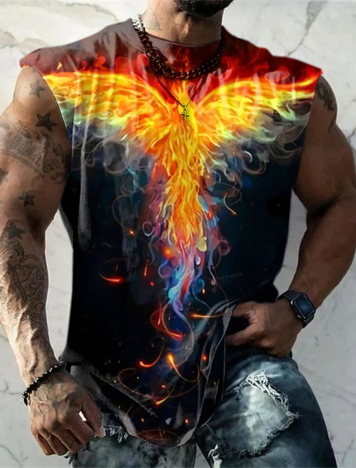 Four Seasons New Mens Fitness Clothing Simple Breathable Street Sleeveless Undershirt Gym Giant Spirit Print Fast Drying Clothes