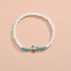 Cute Sea Turtle Rainbow Beaded Anklets For Women Elastic Rope Chains Adjustable Ankle Bracelet Beach Jewelry Summer Accessories