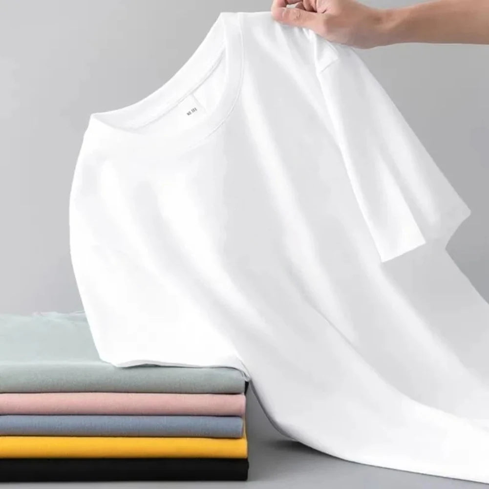 Spring Summer New Polyester Simple Casual Short Sleeve T-shirts For Men Clothing Solid Color Loose Streetwear