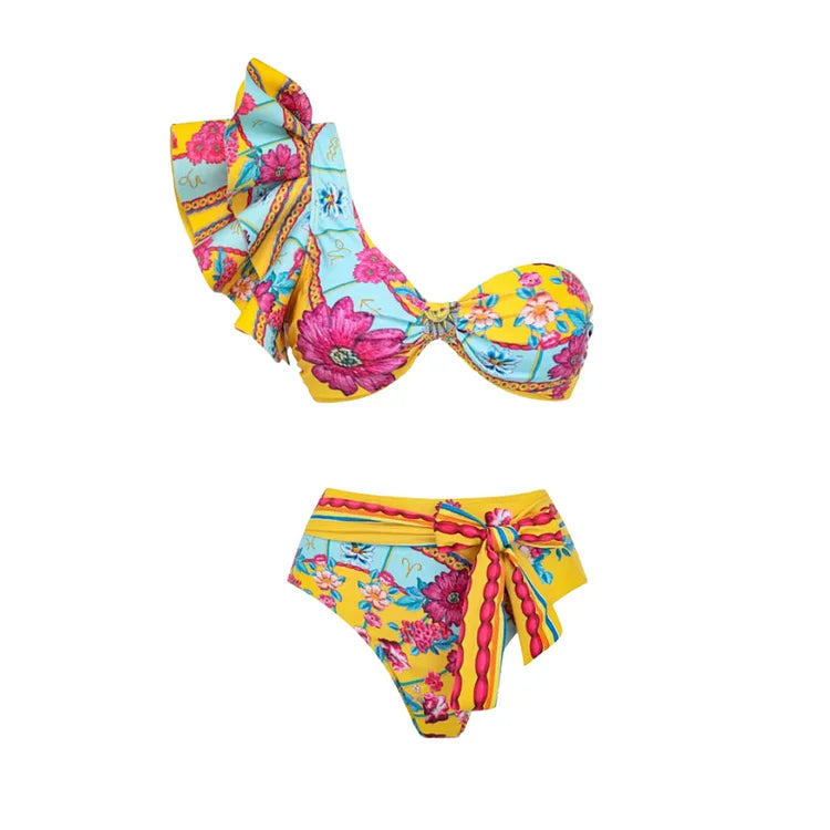 Flaxmaker Summer New Women Sexy Hawaiian Lace Up V Neck Ruffle Swimsuit and Sarong Women Swimwear Set Push Up Bathing Suit