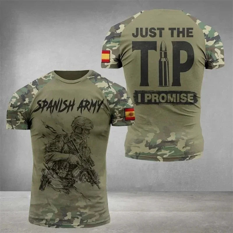 Summer New Men's T-shirt 3D Printed T-shirt Camouflage Army Spanish Flag O-neck Oversized Outdoor Casual Short Sleeved Top