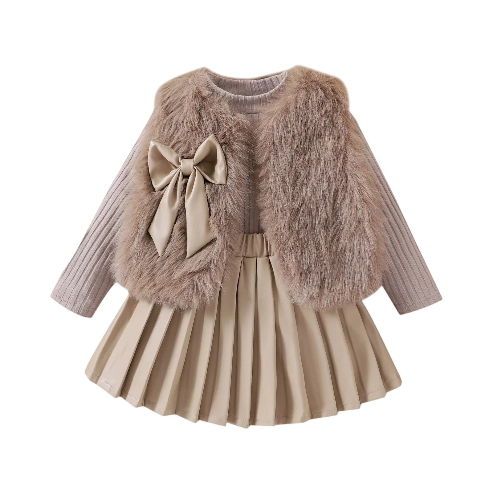 Children's Clothing Sets Furry Vest + Long Sleeve T-shirt + Leather Skirt 3pcs Sets Baby Girl Outfit Set Toddler Girl Clothes
