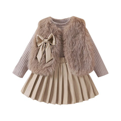 Children's Clothing Sets Furry Vest + Long Sleeve T-shirt + Leather Skirt 3pcs Sets Baby Girl Outfit Set Toddler Girl Clothes