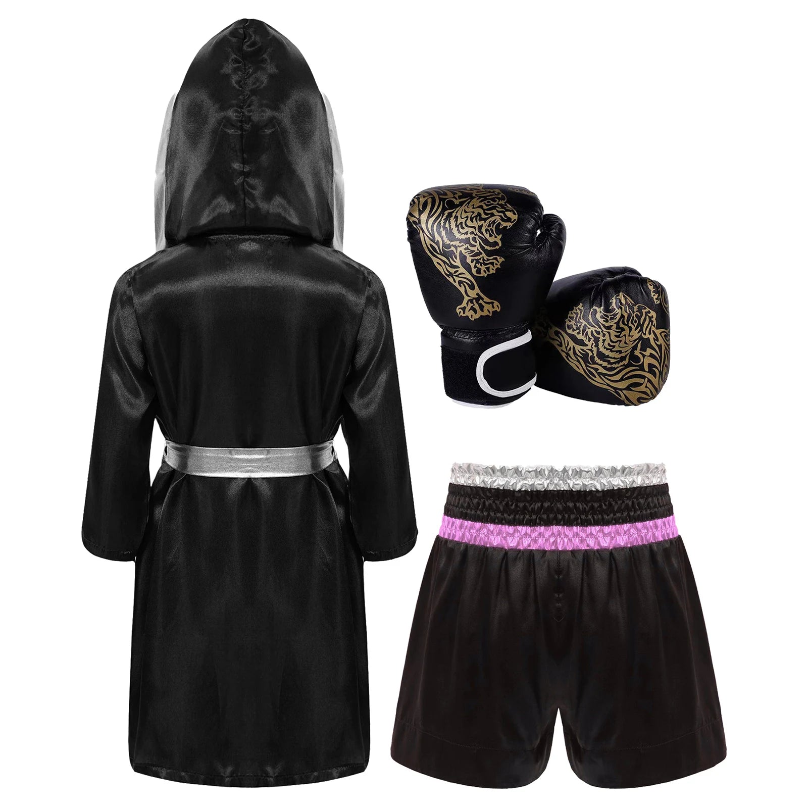 Kids Boys Boxing Training Outfit Long Sleeve Open Front Metallic Satin Robe Hooded Cloak with Athletic Shorts And Boxer Gloves