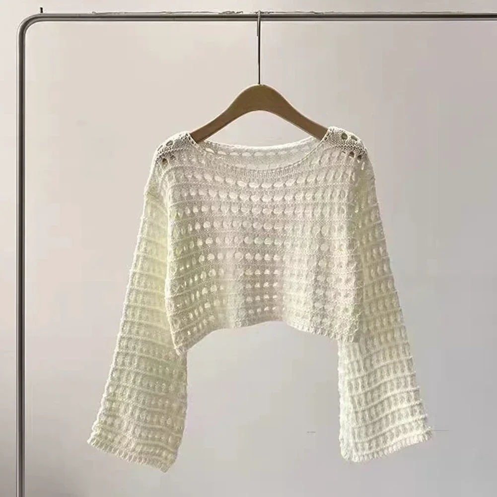 Women Long Sleeve Crochet Knitted Sweater Beach Bikini Cover Up Top Summer