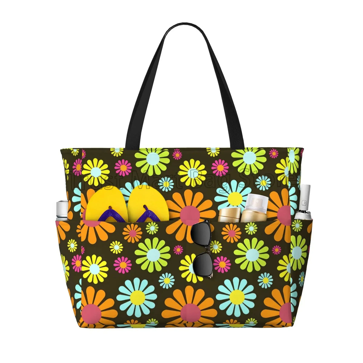 Hippie Flowers Large Beach Tote Bag Women Waterproof Sandproof Zipper Beach Tote Bags for Pool Gym Grocery Travel
