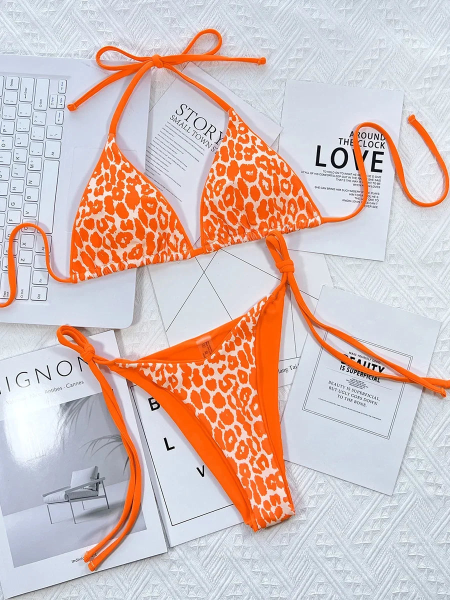 Zebra Print Halter micro Bikini 2025 women Bandeau String Swimsuit Female swimwear Neon Shiny bikini set Leopard Bathing Suit