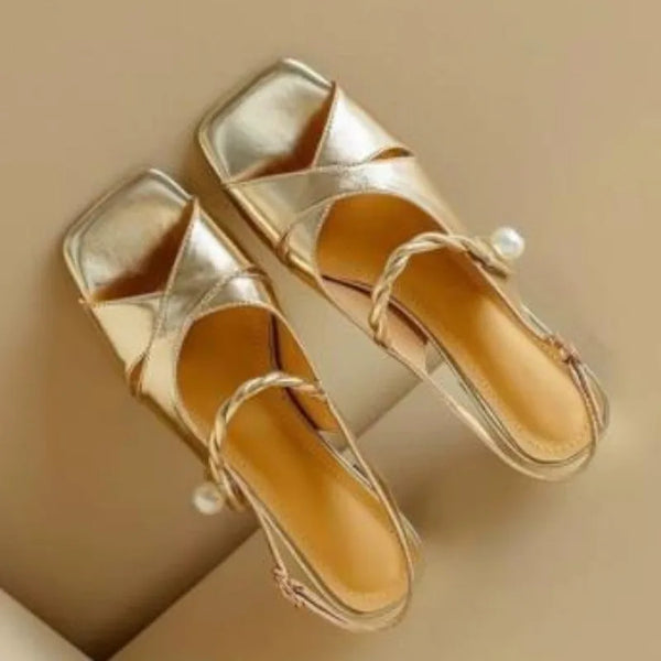 Sandalen mit offener Zehenpartie und dickem Absatz, Sommer, neue quadratische Zehenkappe mit Kreuzmuster und Perle, antike Fischmaul-Absatzschuhe