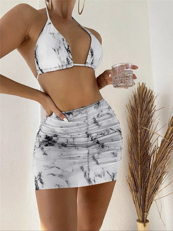 3-teiliges Bikini-Set mit String und Rock in Marmoroptik, Badeanzug für Damen, Strandbekleidung, Sommerbademode