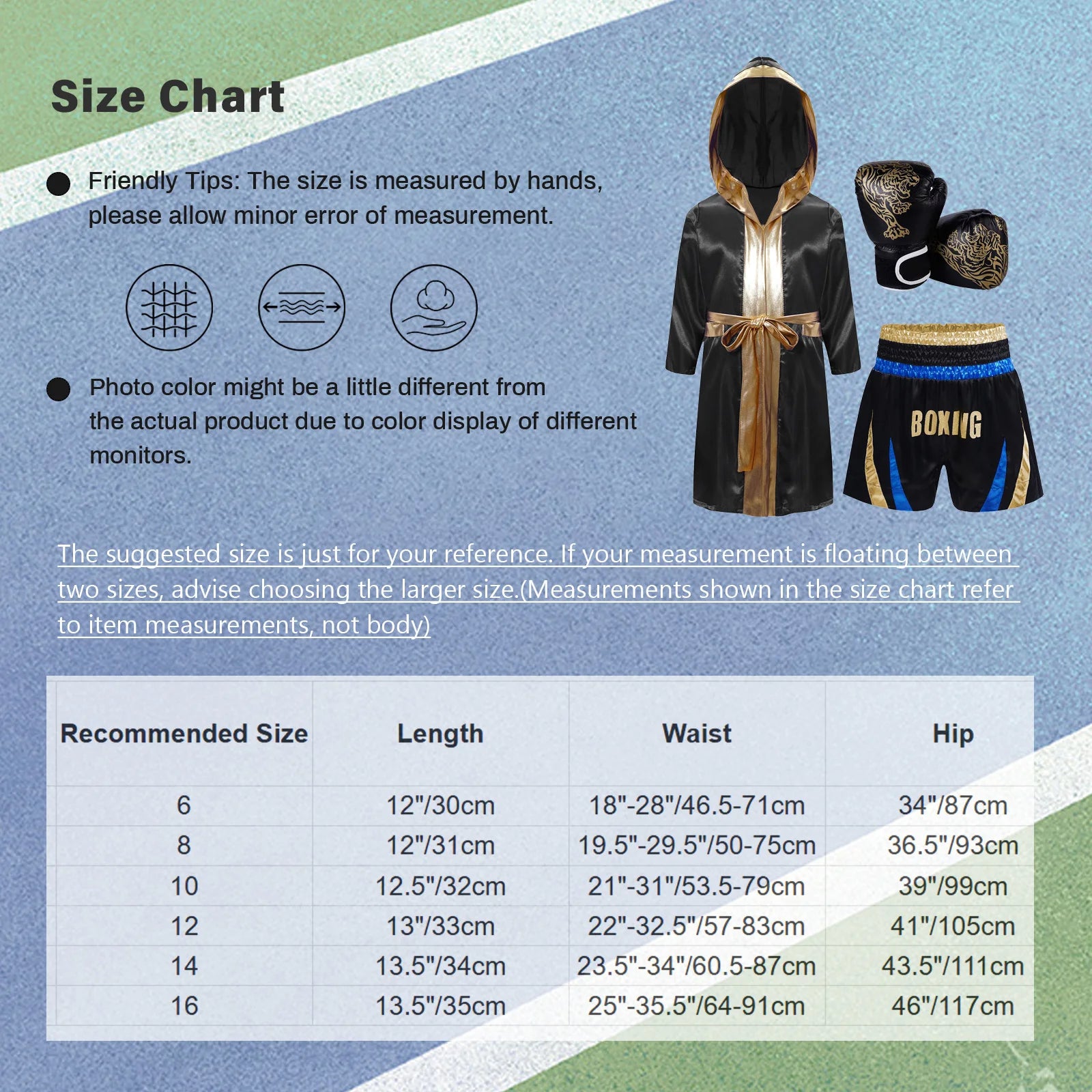 Kids Boys Boxing Training Outfit Long Sleeve Open Front Metallic Satin Robe Hooded Cloak with Athletic Shorts And Boxer Gloves