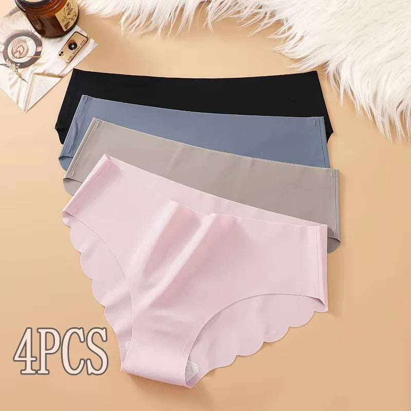 4PCS Seamless underwear for women, solid color breathable mid-waist triangle pants, sexy and comfortable wavy bikini underwear