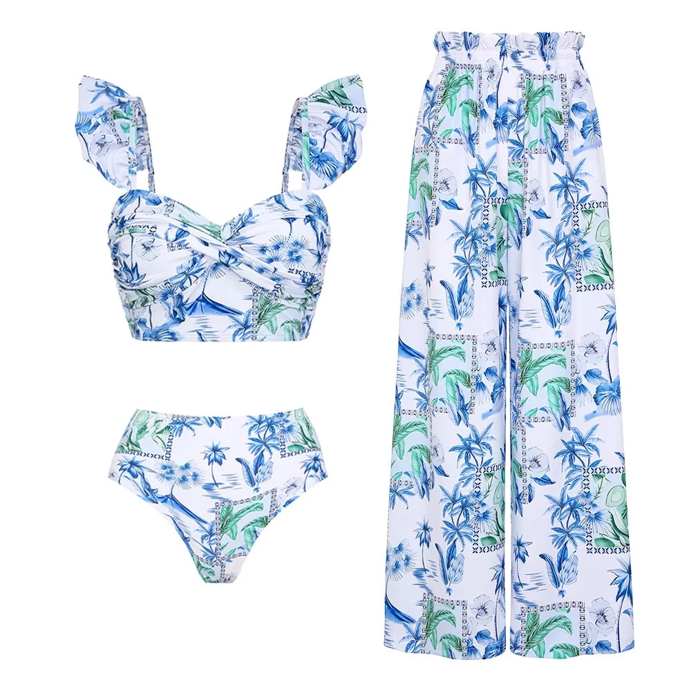 Flaxmaker Summer New Women Sexy Hawaiian Lace Up V Neck Ruffle Swimsuit and Sarong Women Swimwear Set Push Up Bathing Suit