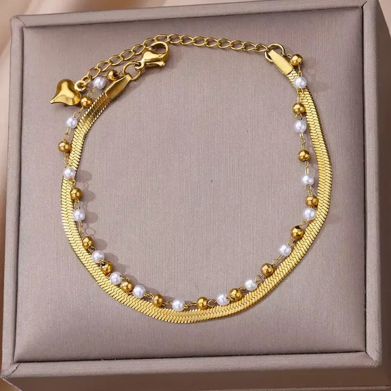 Boho Anklets for Women Summer Beach Accessories Stainless Steel Imitation Pearl Chain Anklet Gold Color Leg Bracelets Bodychain