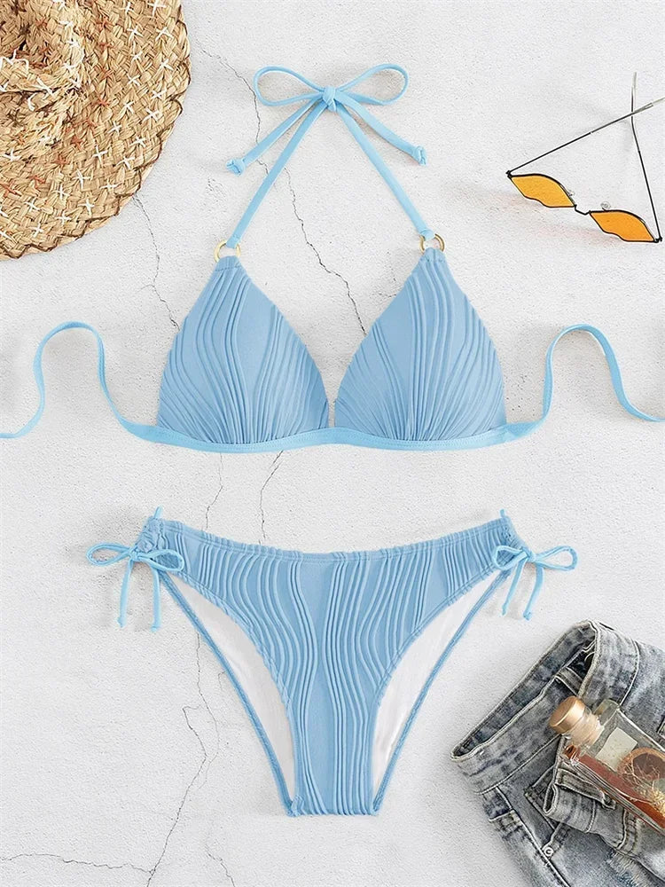 Sexy Bikini 2025 Women White Black Lace Up Backless Padded Micro Swimsuit Push Up Beach Bathing Suit Tie Side Thong Swimwear