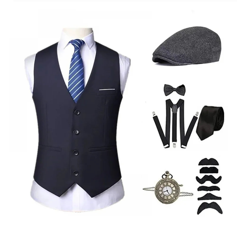 1920s Mens Accessories Set Retro Gangster Costume Tie Hat Vest Victorian Vintage Slim Waistcoat Set Halloween Party Outfits