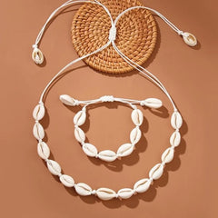 2pcs Fashion handmade Braided Shell Necklace Bracelet Jewelry Set for Women Bohemian Beach Resort style Vocation Jewelry Gift