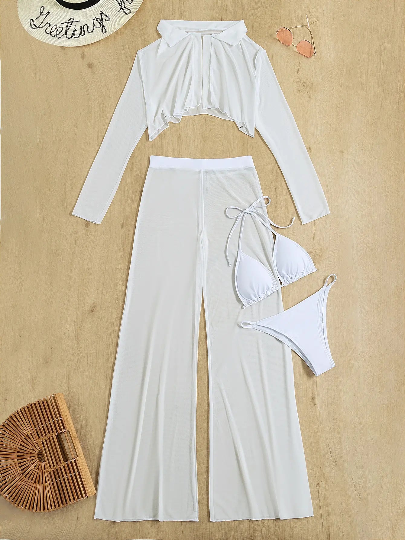 4 Pieces Lace Up Halter Triangle Bikini Swimsuit & Cover Up With Pants Sexy Swimwear Women 2025 Bathing Swimming Suit Female
