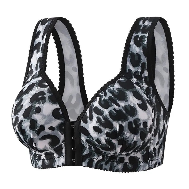 Women's Breathable Side-lifting Maternity Underwear Leopard Print Large Size Ultra-thin No Underwire Front-closure Bra