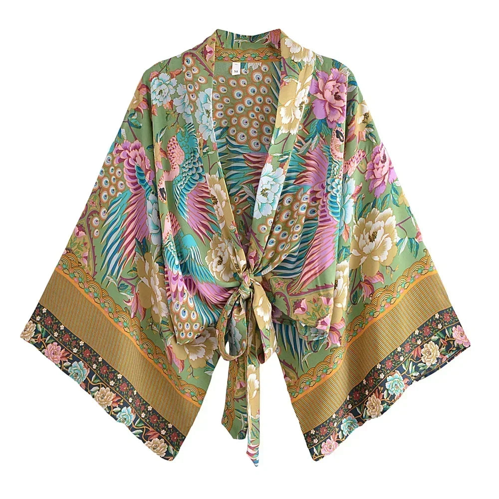 Happie Queens Peacock Short Robe Kimono Swimsuits Women Fashion Floral Batwing Sleeves Rayon Bohemian Bikini Cover Ups Beachwear