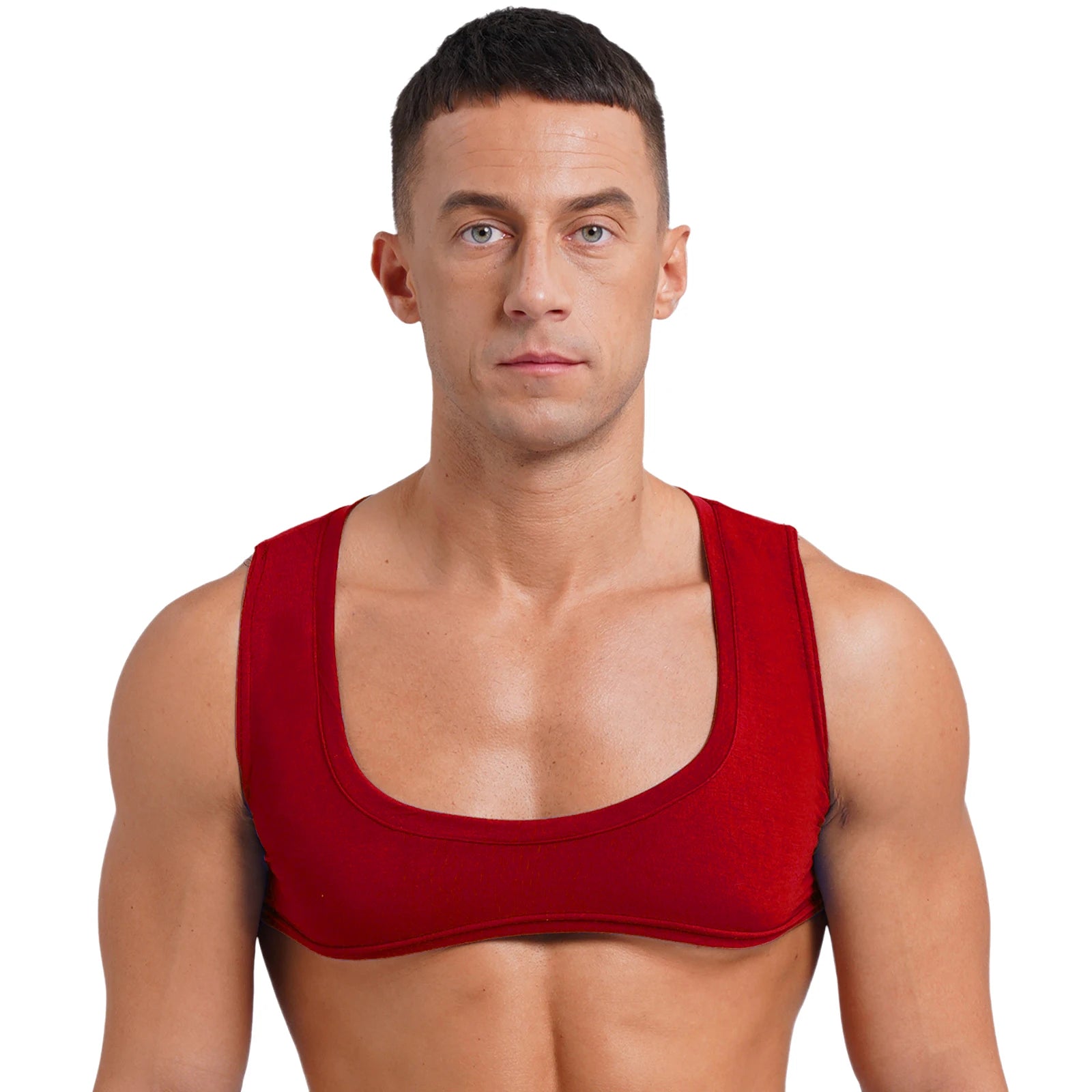 Mens Sexy Muscles Showing Off Crop Top Low Scoop Neck Sleeveless Solid Color Tank Top Vest for Bodybuilding Disco Nightclub