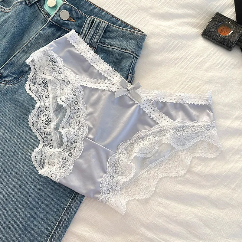 French Sexy Lace Satin Underwear for Women Low Waist Thin Mesh Hollow Out Bow Panties Sweet Girl Breathable Cotton Crotch Briefs
