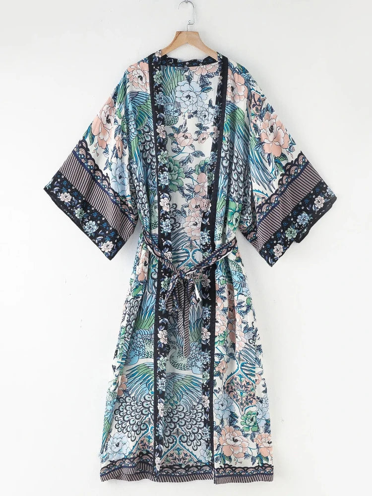 Bohemian Printed Bikini Cover-ups Green Tunic Long Kimono Cardigan Plus Size 2023 Women Beach Wear Swim Suit Cover Up A155